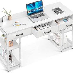 Office Small Computer Desk: Home Table with Fabric Drawers & Storage Shelves, Modern Writing Desk, White, 48"x16"