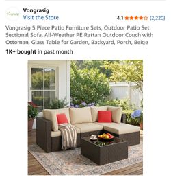 Semi Used / 5 Piece Patio Furniture Sets, Outdoor Patio Set Sectional Sofa, All-Weather PE Rattan Outdoor Couch with Ottoman, Glass Table for Garden,