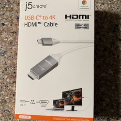 J5 Create USB-C to 4K HDMI Cable Display Port in White - Brand New 6ft