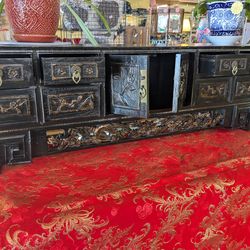 antique Chinese carved rosewood sideboard or buffet, also known as a mule chest. 
buffet, also known as a mule measures 42 in Long 10 in deep 1 ft hig