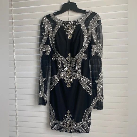 Black And Silver Long Sleeve Dress With V Back