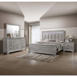 Modern Silver 3-Piece Bedroom Set w/ LED Light-Up Bed