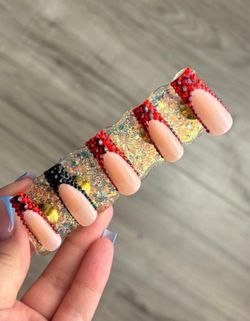 Long square press on nails black red French tip rhinestones