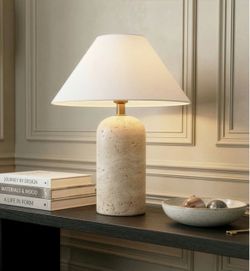 Travertine Table Lamp – Natural Stone Base, White Linen Shade