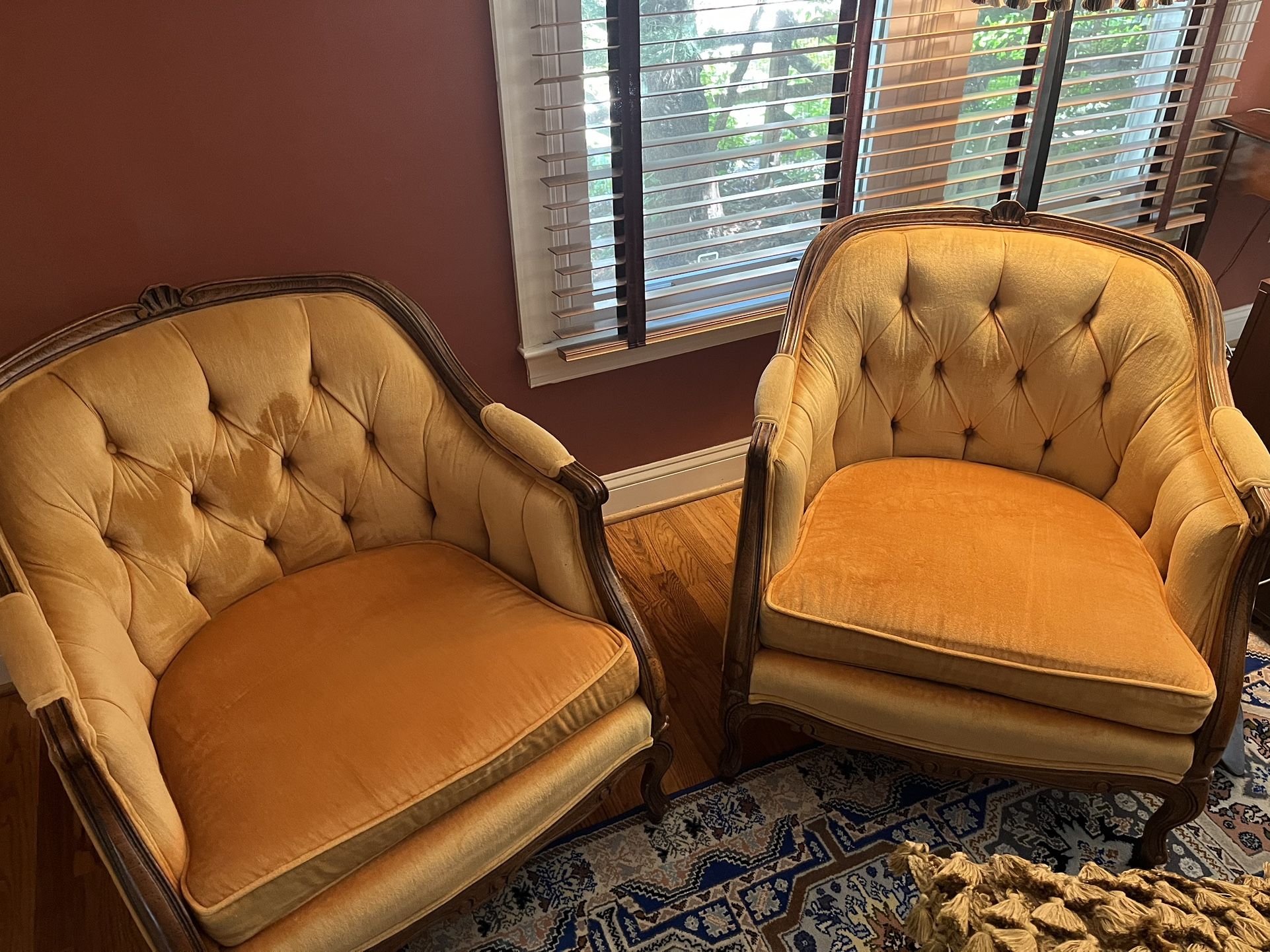 Two Solid Wood, Orange Velvet Chairs Vintage