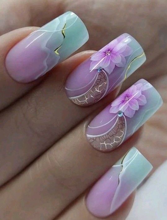 24pcs Luxury Pink/Mint Green Floral Press-On Nails