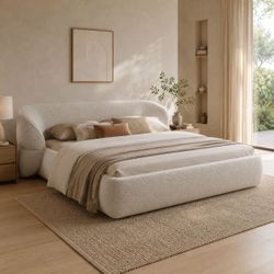  Beige Upholstered King Sized Platform Bed w/ Curved & Padded Headboard [NEW]  *Retails for $1349  <Assembly Req>