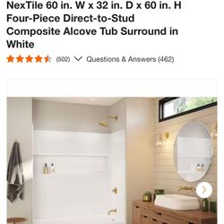 Bootz Industries NexTile 60 in. W x 32 in. D x 60 in. H Four-Piece Direct-to-Stud Composite Alcove Tub Surround in White