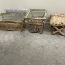  Glass Too Rattan Coffee Table, End Table and bench 