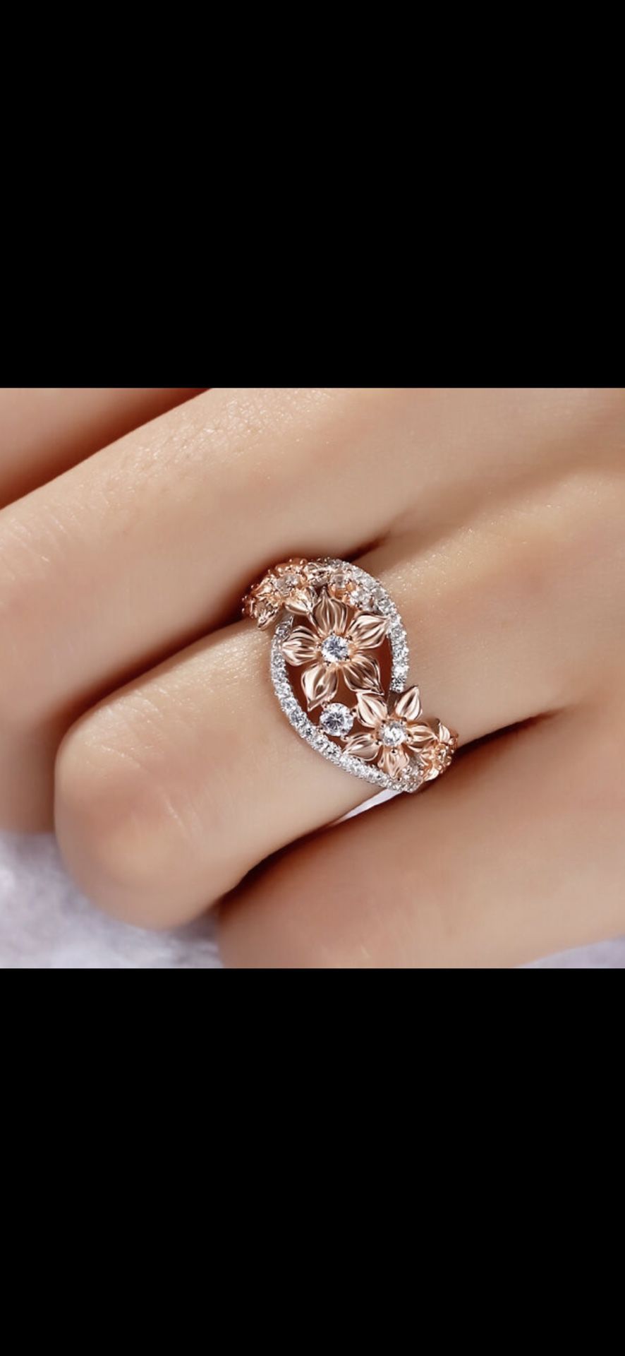 Elegant TwoToned Floral 925 Sterling Silver White Diamonds Rose Gold Size4-5 Bridal Ring