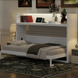 Twin XL Murphy Bed with Desk, LED & USB + 12" Gel Memory Foam Mattress