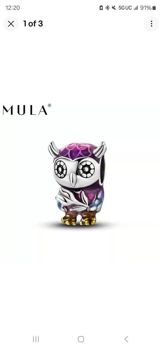 x1 925 Silver Plated Purple Enamel Smart Owl Flower Bead/Charm New