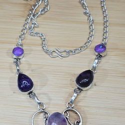Sterling Silver Necklace w Purple Amethyst Gemstones Heart Pendant