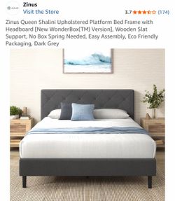 Zinus Queen Shalini Upholstered Platform Bed Frame with Headboard [New WonderBox(TM) Version], Wooden Slat Support, No Box Spring Needed, Easy Assembl