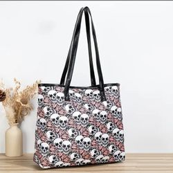 Skull And Rose Pattern Canvas Tote