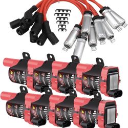 Pindex 8 Pack D585 Ignition Coils and 748UU 8mm Spark Plug Wires Compatible with Chevy Silverado GMC CADILLAC Chevrolet 