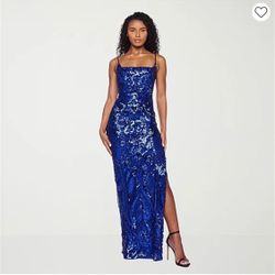 B. Smart Blue Sequin Spaghetti Strap Maxi Dress with Slit