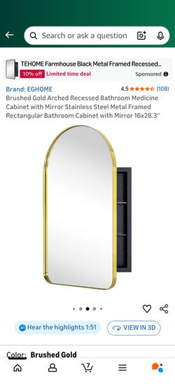 Brushed Gold Arched Recessed Bathroom Medicine Rectangular Bathroom Cabinet with Mirror 16x28.3"