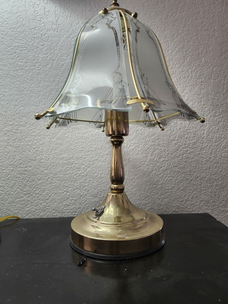Vintage 16" Brass Frosted Etched Look Glass Shade