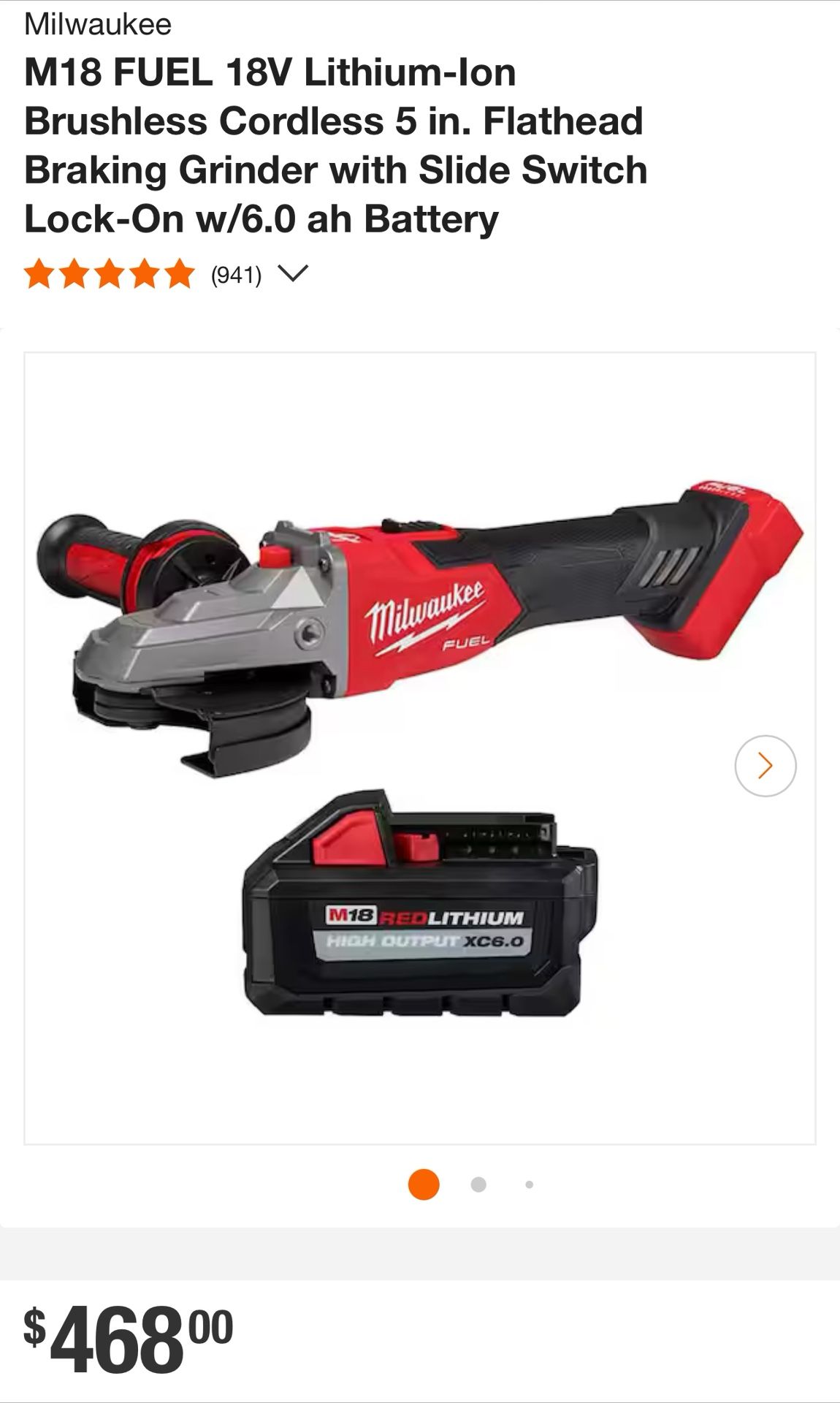 Milwaukee Flathead Braking Grinder With 6.0 Battery