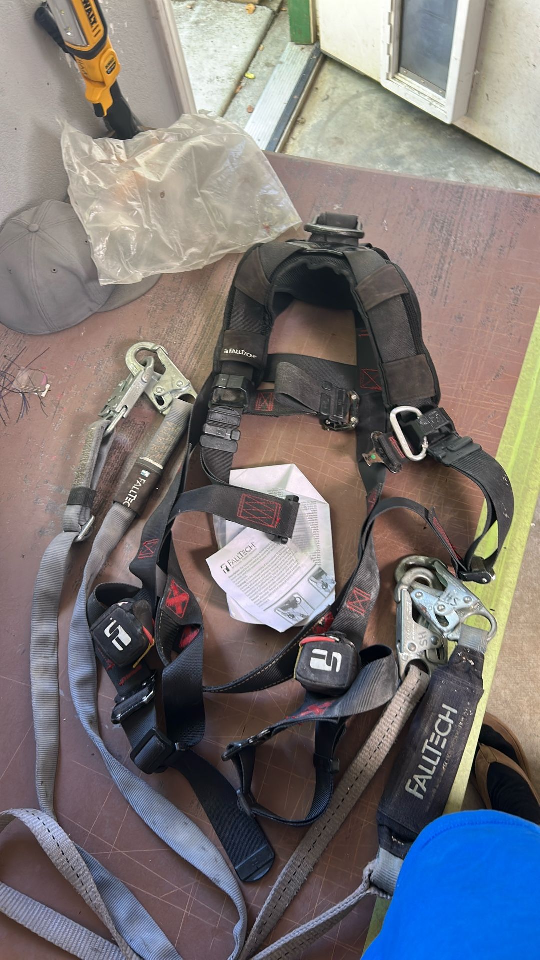 Fall tech Safety Harness. Restraint Lanyard. Shock Absorbing Lanyard. Tools