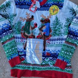 Blizzard Bay Mens Ugly Christmas Sweater Reindeer Drinking Beer Drink Pocket small new with tags