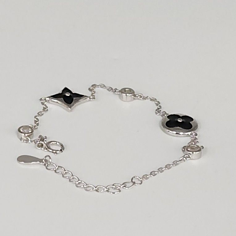 Dainty Silver Bracelet With Black Enamel Motif Charms 7.5"