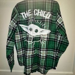 Cakeworthy Star Wars Mandalorian The Child mens green plaid flannel shirt 