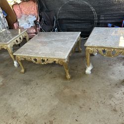 Elegant Vintage Gold & Marble Coffee Table Set – $450