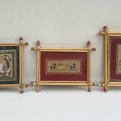 Set Of 3 Hand Painted Pattachitra Palm Leaf Painting Art In Rustic Bamboo Frames