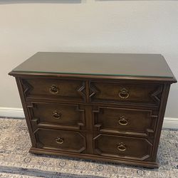 Brown Wood Dresser, With Glass Table Top Protecter