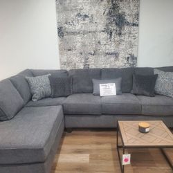 2 Pc Gray Fabric Sectional With Accent Pillows (New)