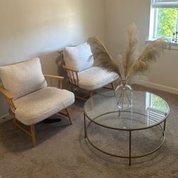 Sherpa/ Wood Chair Set And Gold Glass Table For Sale