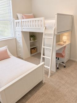 White Loft Bed with Desk and Storage and matching dresser.