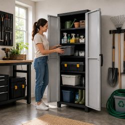 Keter Space Winner Tall Storage Cabinet – Weather-Resistant Polypropylene Resin with Lockable Double Doors & 4 Adjustable Shelves