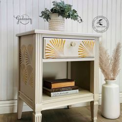 Mid Century Modern Gold Beige Cream Night Stand End Table Cabinet