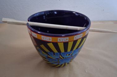 Ceramic lucky cat Ramen bowl with chopsticks
