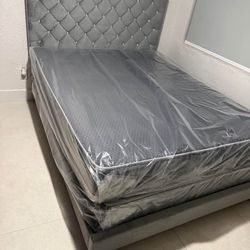 Queen Size Bed Frame DIAMOND GRAY with Mattress And Box spring Set FREE DELIVERY NEW Queen Size Bed Set 3pcs // Bed + Mattress + Boxspring 