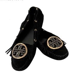 Tory Burch Black Alexandra Fringe Moccasins Flats Size 6
