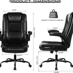 Ergonomic Office Chair with Flip-up Armrests, Big and Tall Leather Executive Office Chair, High Back Lumbar Support Home Computer Desk Chair, Heavy an