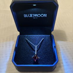 14K Solid White Gold Garnet Diamond & Garnet Necklace W/ Heart Prongs.