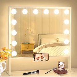 Large Hollywood Vanity Mirror with Lights - Lighted Vanity Mirror with Adjustable Bracket, Makeup Mirror with Phone Holder for Bedroom,USB & Type C Ch
