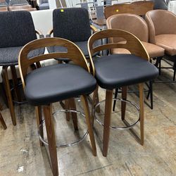Bar Stools Set of 2, Swivel Bar Height Stools with Low Back, Wood Bar Chairs with Soft Cushion Seat, 30.31-Inch Seat Height (Black, 30" Counter Height