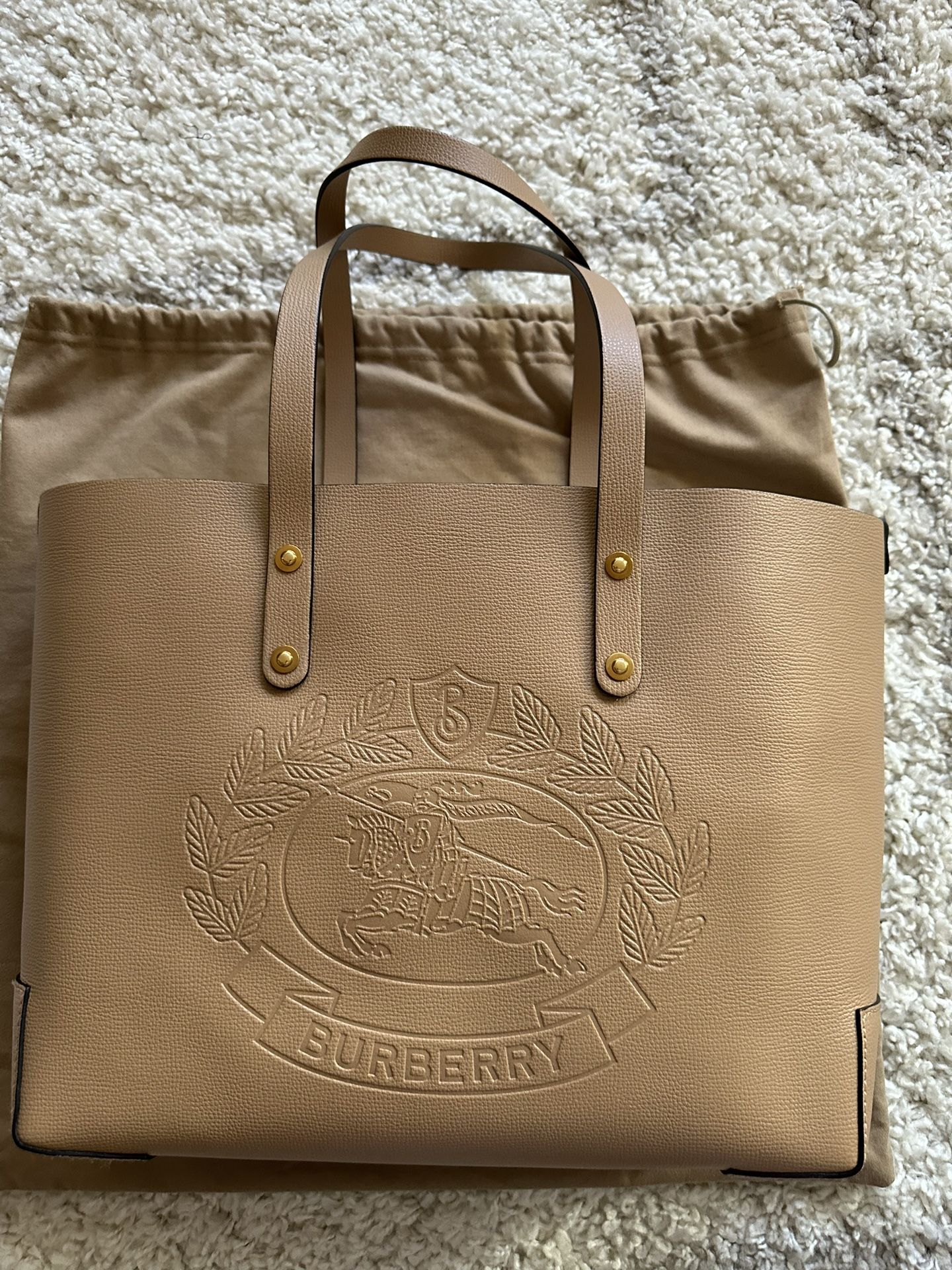Burberry Crest Leather Tote Caramel Tan
