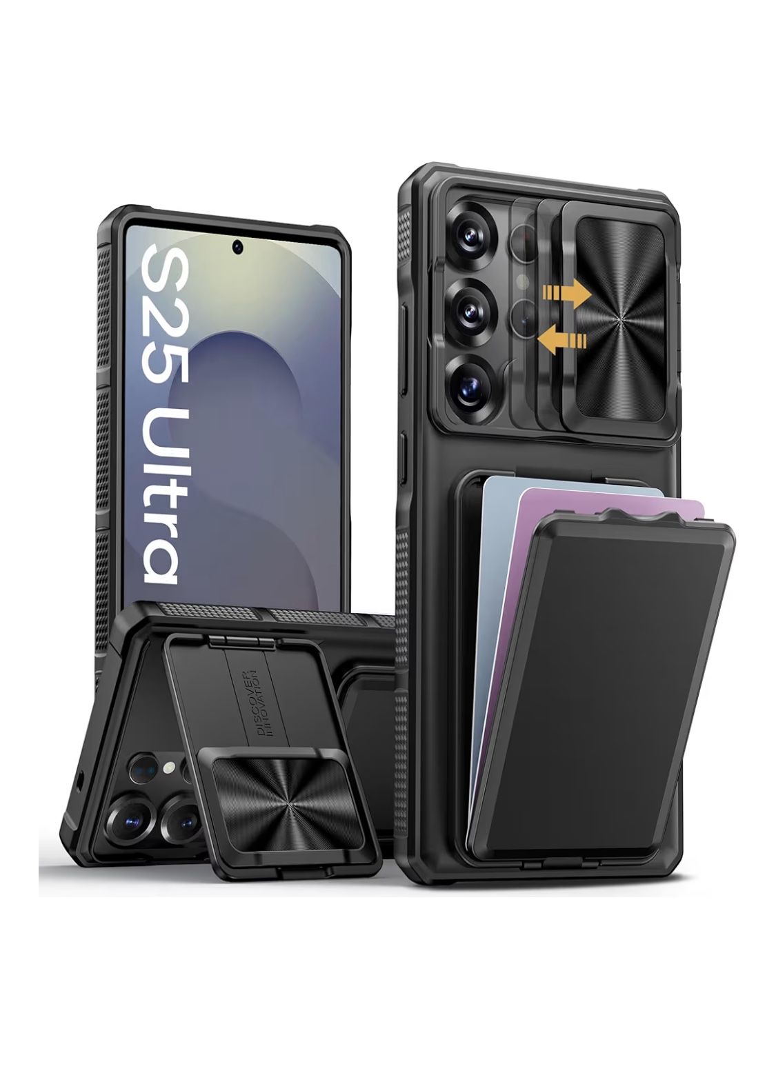 Samsung Galaxy S25 Ultra Phone Case with Card Holder & Kickstand & Slide Camera Lens Cover