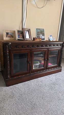 Dark Wood Carved Buffet Cabinet with Glass Doors
