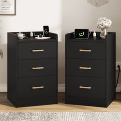 2 Pcs Nightstand for Bedroom, Storage Cabinet with Charging Station and 3 Drawers, Modern Sofa Table for Living Room, Black