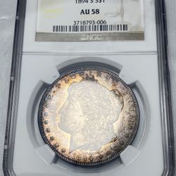 1894 S AU58 TONED Morgan Silver Dollar NGC Graded 