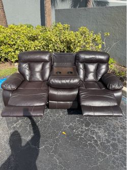 Burgundy red brown leather sofa recliner couch living room