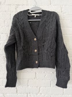 NAKEDCASHMERE Pointelle V-Neck Cardigan — Charcoal, Size S